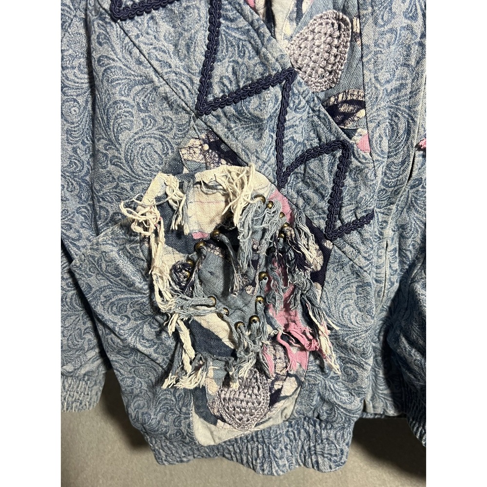 Vintage LIM'S Women's Bomber Jacket 80s Denim Patchwork Embellished Art-to-Wear - Picture 4 of 11